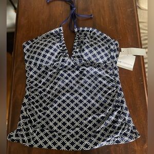 NWT Liz Claiborne Tankini Swim Top Navy and White Chain Link Pattern Size 8